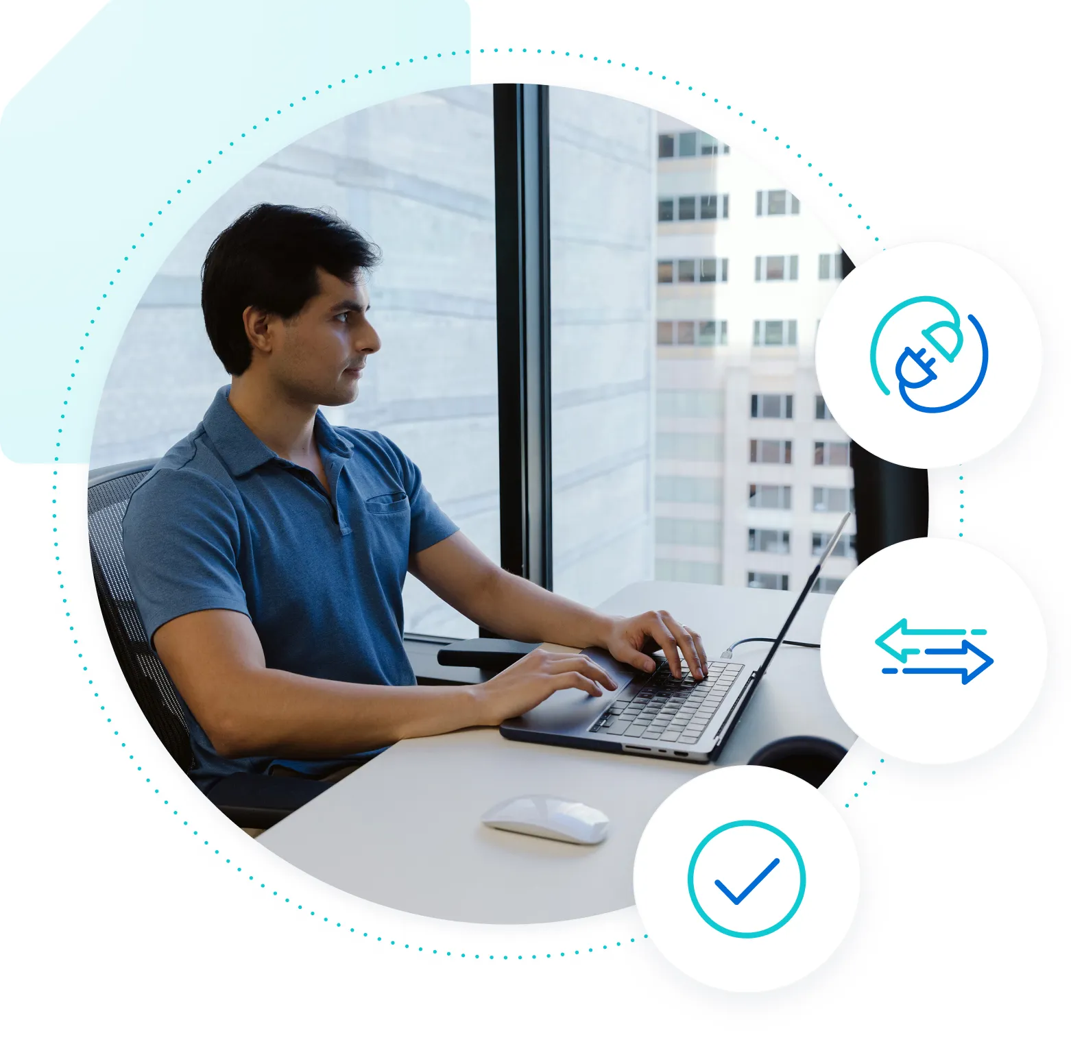 Man in a blue shirt sitting at a desk with a laptop looking seriously at the screen with migration-related icons surrounding him