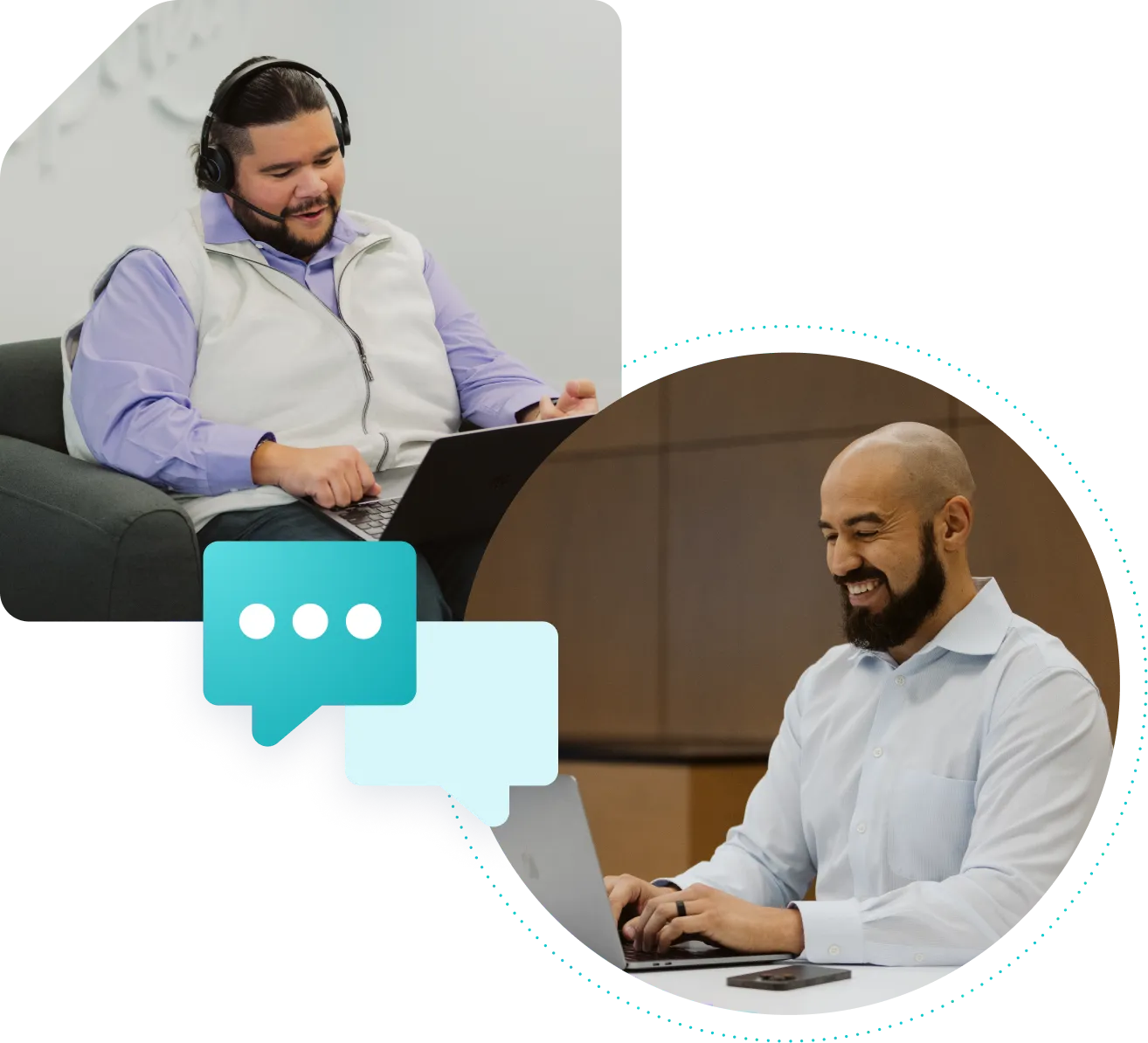 A WP Engine support representative with a man smiling at his laptop with a large chat icon connecting them.