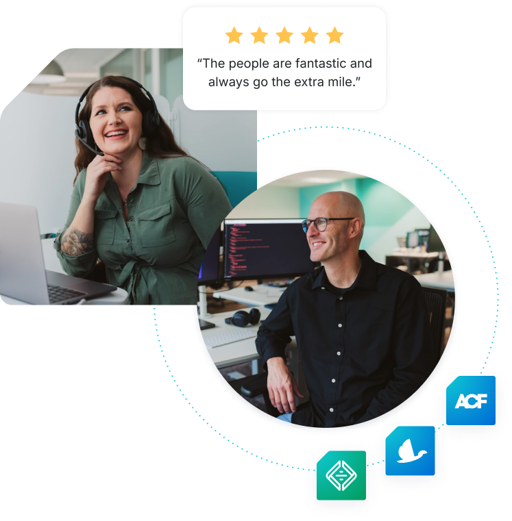 Photo of a WP Engine support representative with a 5-star customer review stating "The people are fantastic and always go the extra mile.” and a photo of a man standing in front of a desktop with screen showing code and WP Engine tool logos surrounding him