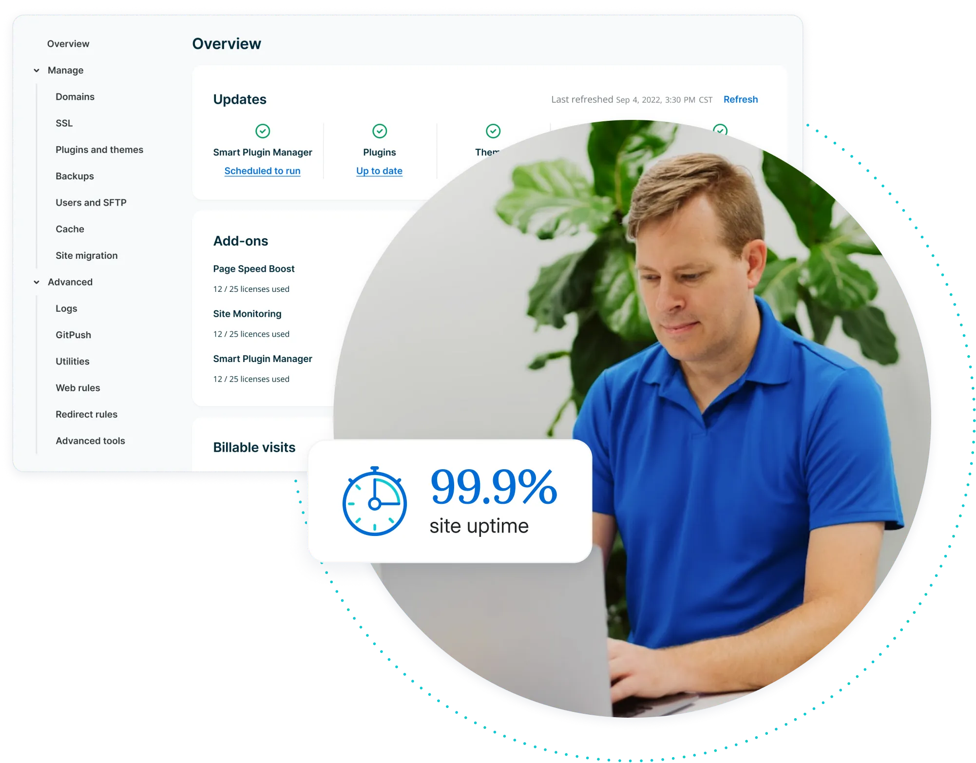 Overview page with a photo of a male WP Engine customer wearing a blue shirt typing on a laptop with graphic overlay showing 99.9% site uptime