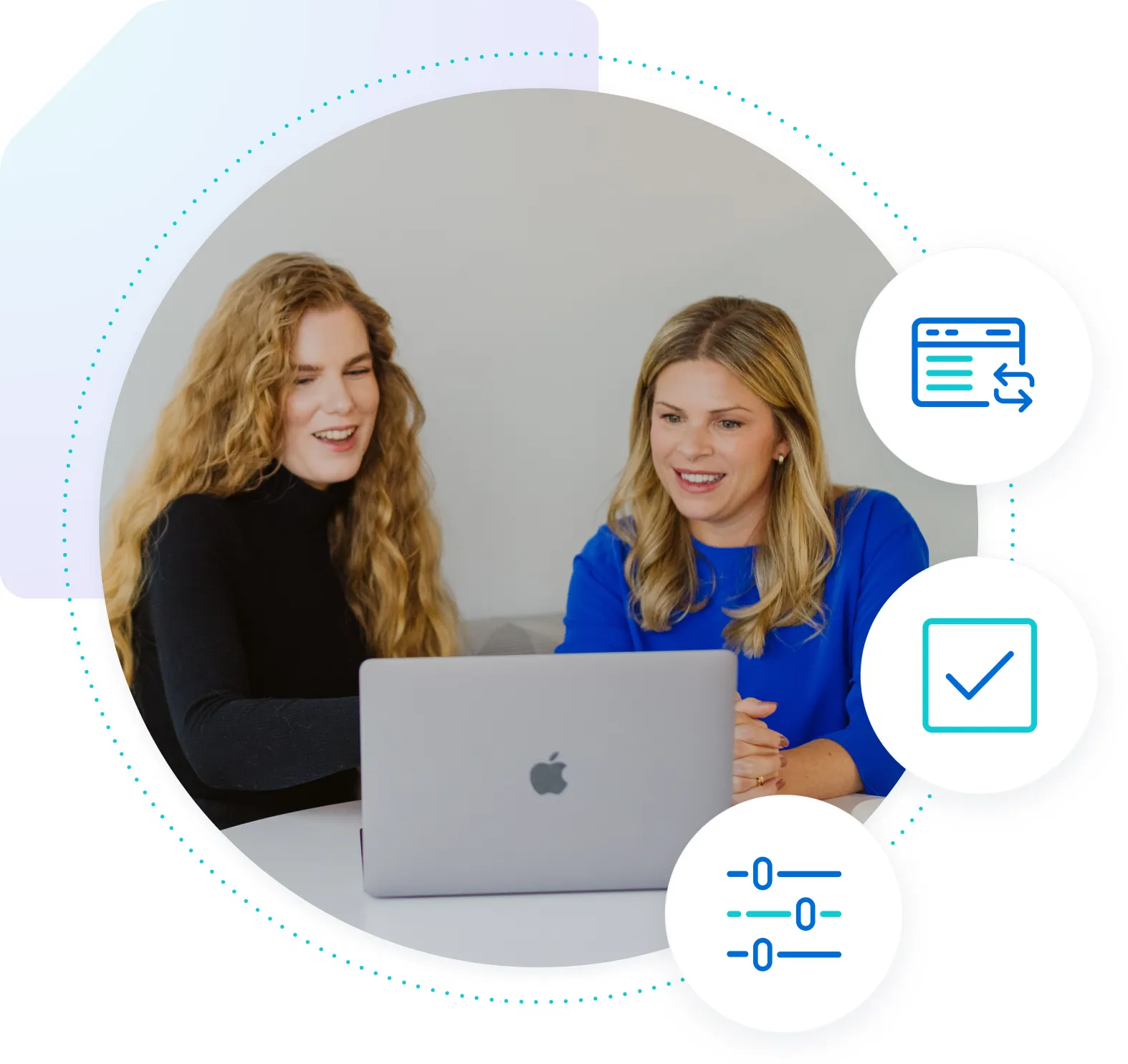 Two women sitting at a table looking at a laptop together with icons representing WP Engine services overlapping