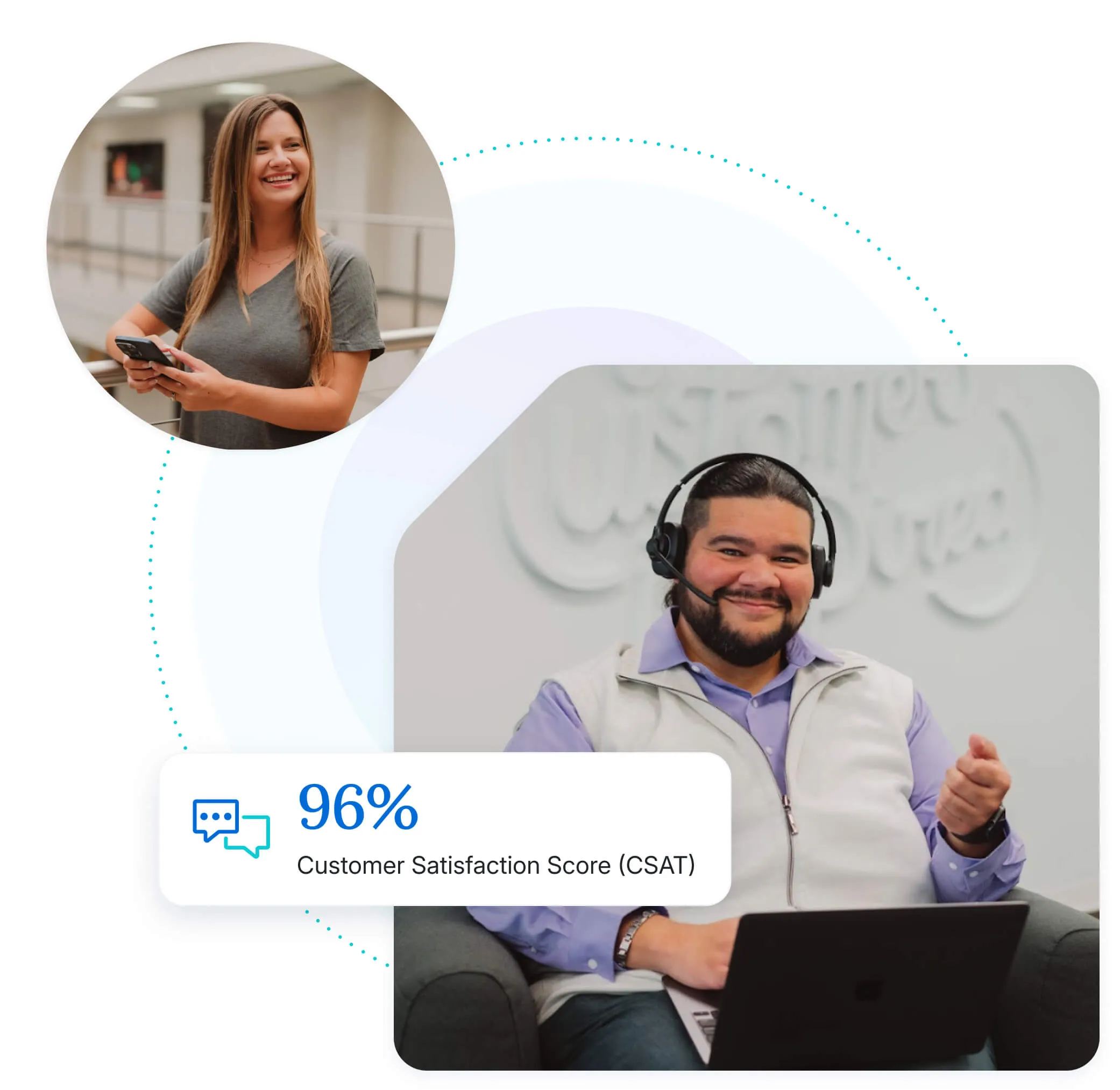 A WP Engine support team member confidently looks at the user with a delighted customer with a stat showing a 96% Customer Satisfaction Score.