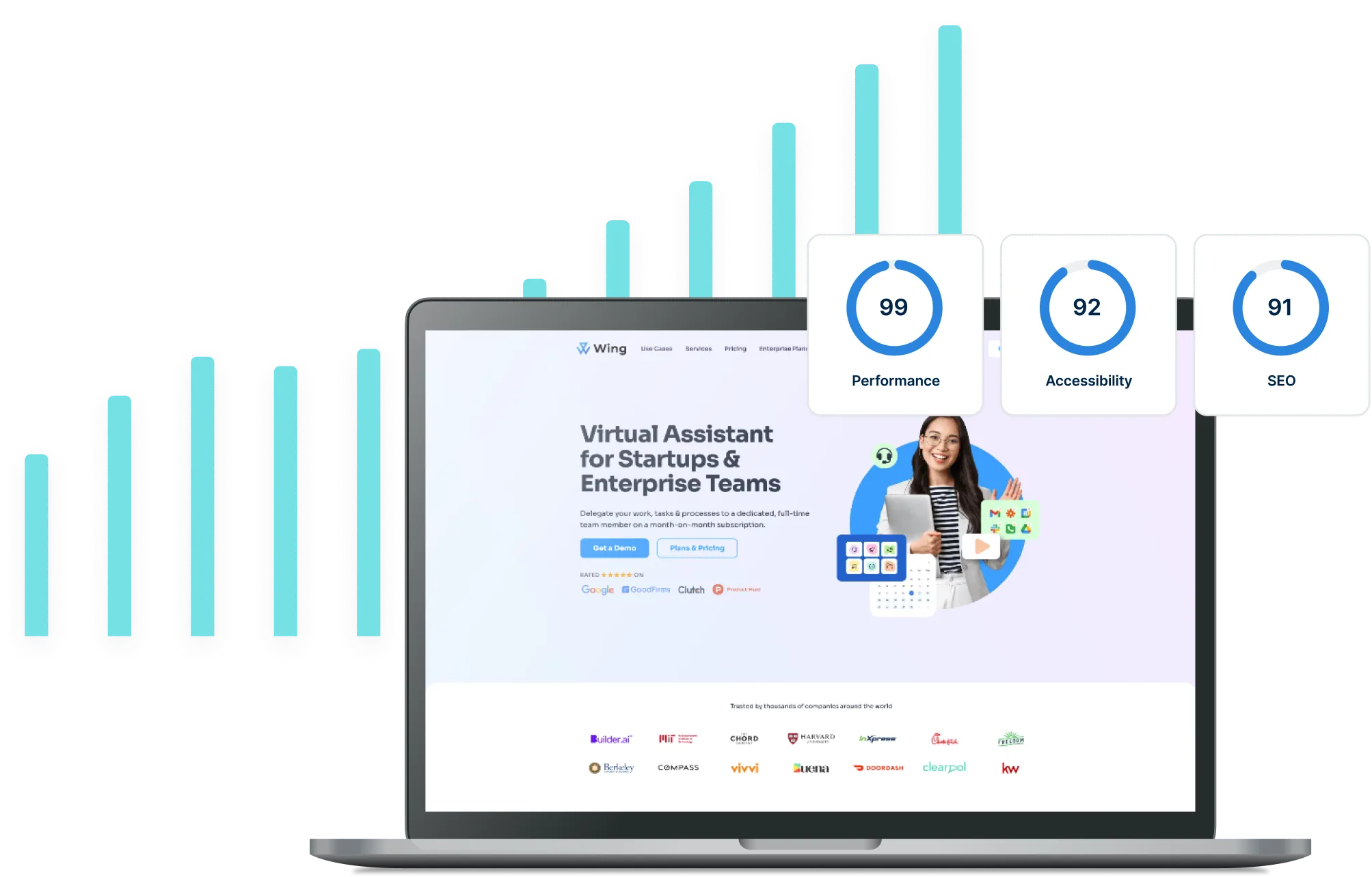 WP Engine customer website displayed on a laptop with an upward bar graph behind it and an overlaying UI element showing lighthouse scores