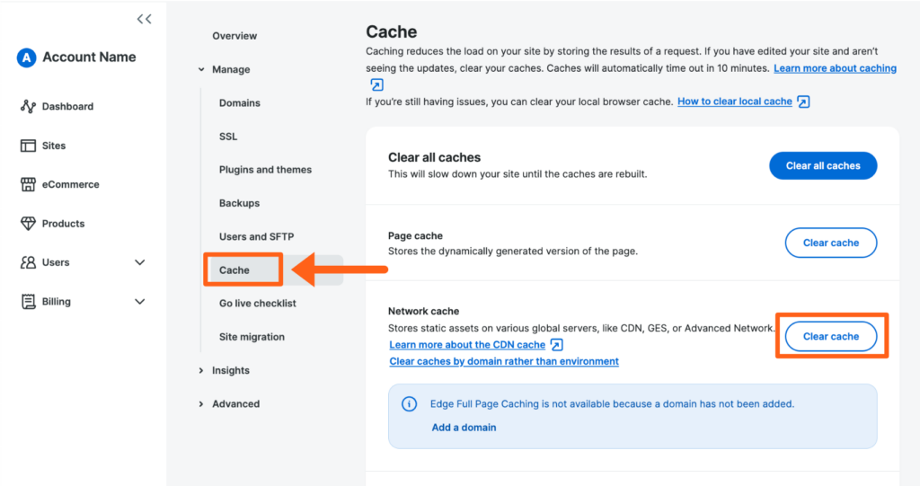 Screenshot of and environment's Cache page in the WP Engine User Portal showing the button to Clear Network Cache