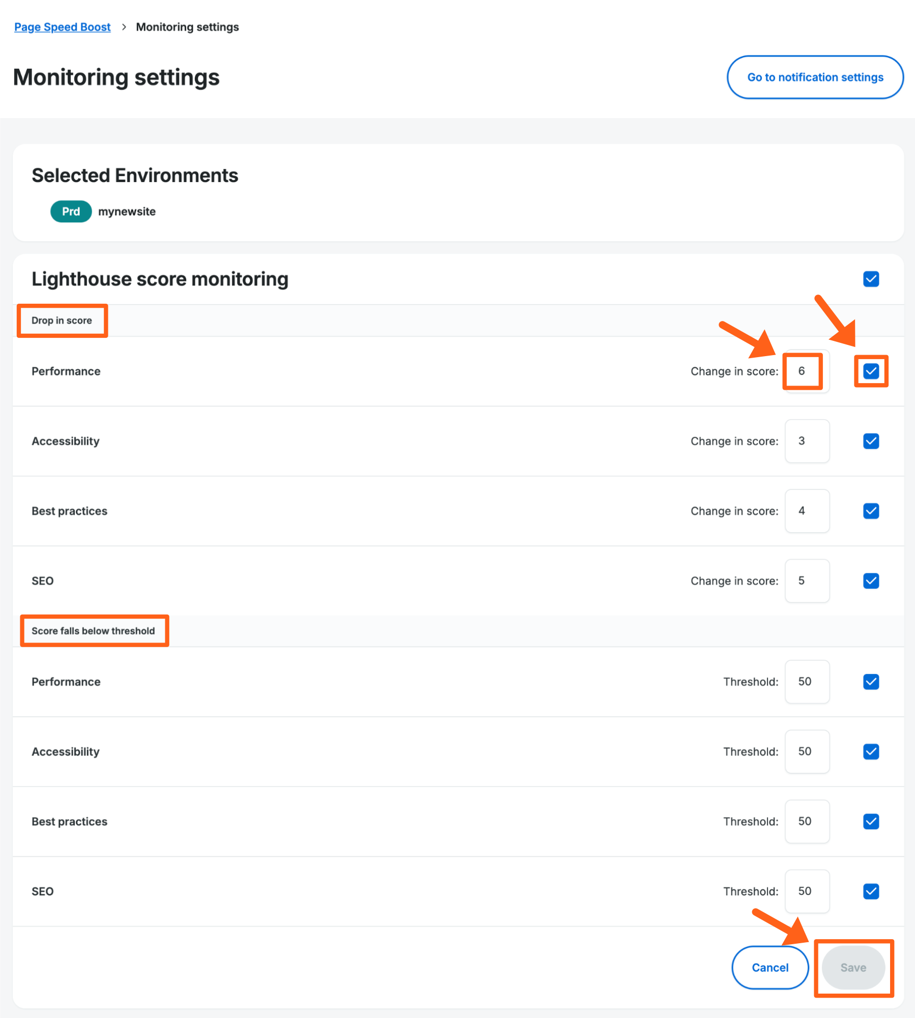 Screenshot of the Page Speed Boost page in the WP Engine User Portal showing the options for changing notification thresholds.