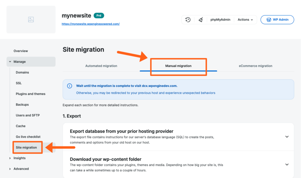 Screenshot of an environment's Site Migration page in the WP Engine User Portal showing the Manual Migration tab