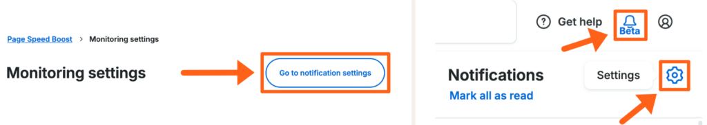 Screenshot of multiple places in the WP Engine User Portal that you can click to go to the notification settings page.