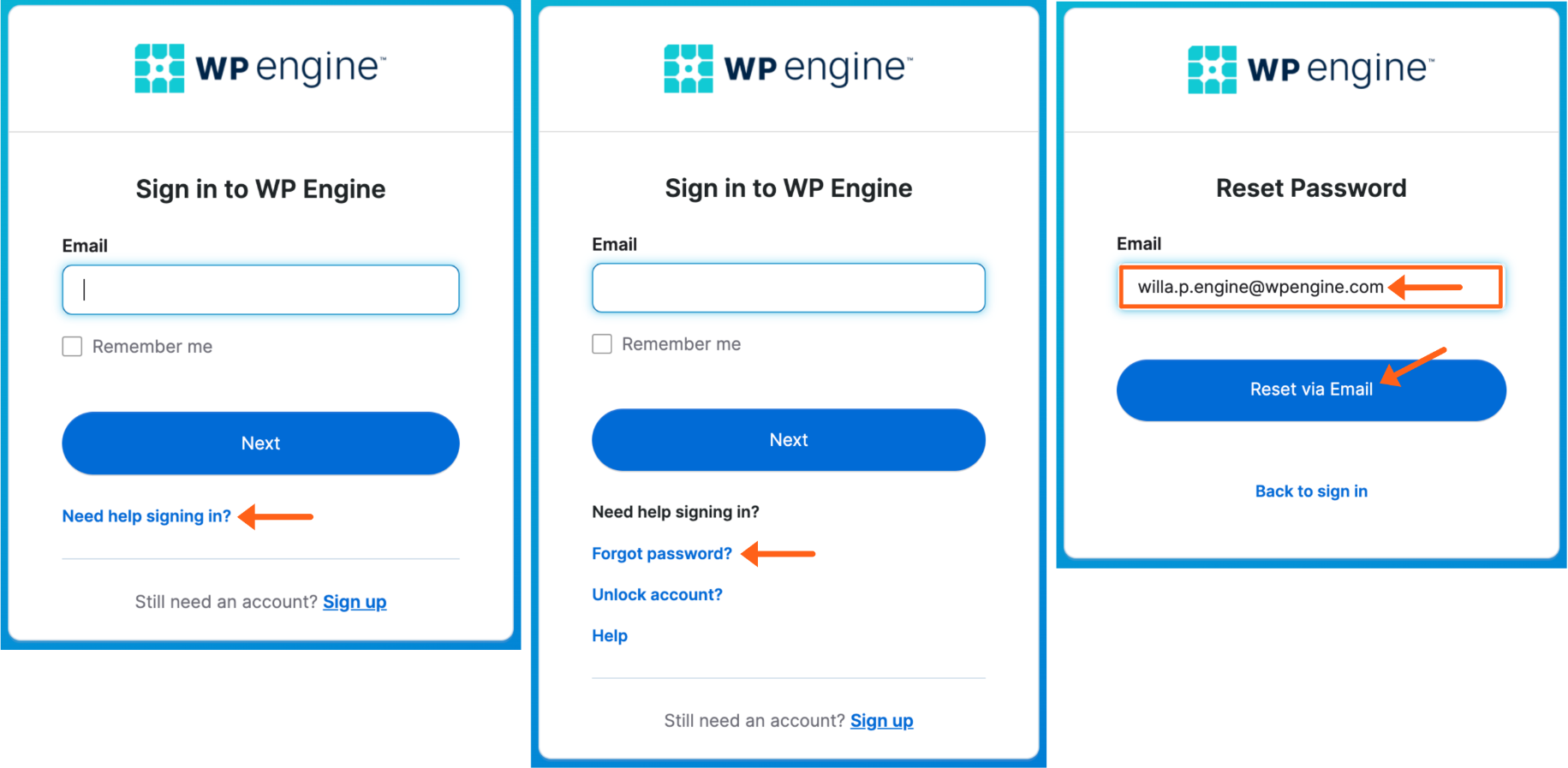 Screenshot of the reset password flow for the WP Engine User Portal 