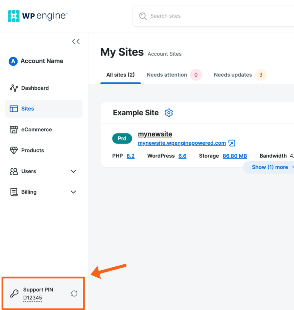 Screenshot of the WP Engine User Portal showing the Support Pin at the bottom of the left sidebar