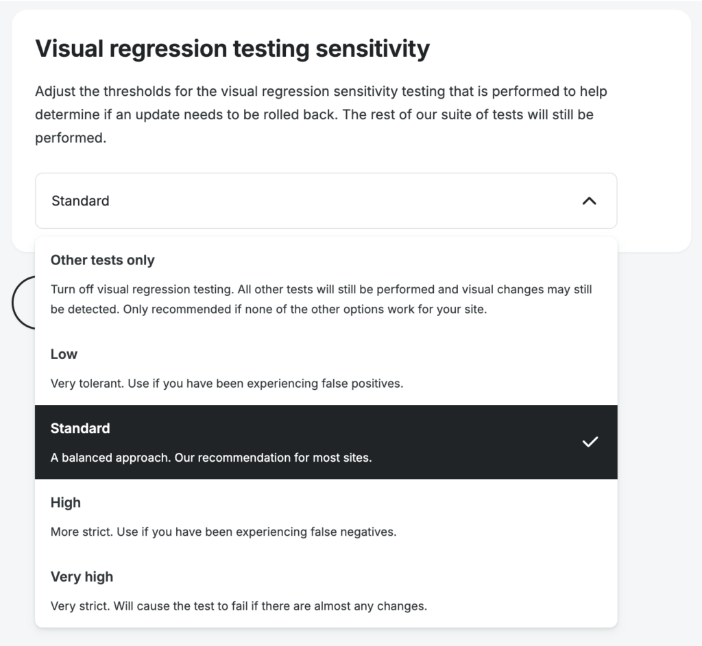 Screenshot of an environment's SPM settings page in the WP Engine User Portal showing the options for setting the Visual Regression Testing threshold.